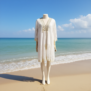 Buonic Vestido playero de verano para mujer, túnica informal para traje de baño, 52x90 cm, color beige y blanco - Product Image 2