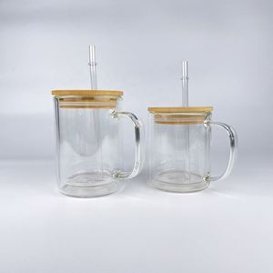 Gobelet à café en verre borosilicate à double paroi de 9oz, 11oz, 15oz, vierge pour sublimation, effet boule à neige avec paillettes, avec poignée - Product Image 1
