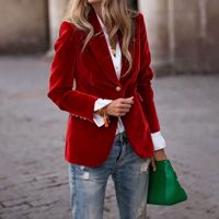 Blazer Elegante de Terciopelo Dorado para Mujer, Bordado a Mano, Cuello Mao, Manga Larga, Corte Entallado, con Bolsillos, Tallas S-3XL, Venta al Por Mayor