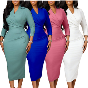 D3356 Abiti Africani alla Moda per Donne, Elegante Vestito Casual con Scollo a V, Maniche 3/4, Arricciato, Stile Tubino, Abito da Ufficio per Signore - Product Image 1