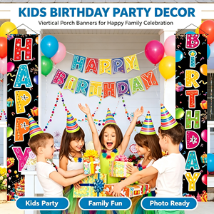 Buntes Happy <span class=keywords><strong>Birthday</strong></span> Veranda-Banner mit Schwarzem Hintergrund Türschild Kulisse Kinder Jungen Mädchen Geburtstagsparty Zubehör Hängedekoration - Product Image 4