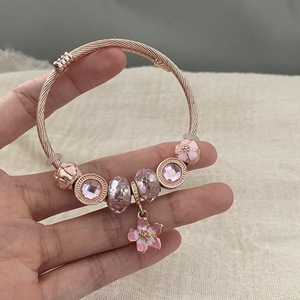 Pulseras de Acero Inoxidable con Flores de Esmalte Rosa para Mujeres y Niñas, <span class=keywords><strong>Pulsera</strong></span> de Cuentas, Regalos de Joyería DIY - Product Image 6