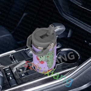 Vaso de paja con tapa de diseño navideño de dibujos animados morados con asa, tazas de doble pared de viaje de acero inoxidable para coche - Product Image 3