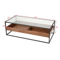 Table basse rectangulaire moderne avec rangement, étagères en bois, plateau en verre trempé, structure en fer, table basse pour salon