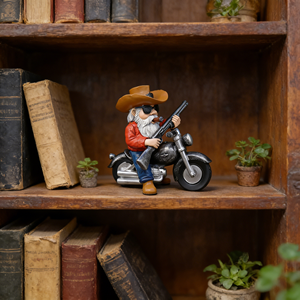 ヴィンテージのカウボーイがバイクに乗る樹脂製彫刻、白いひげと葉巻を持つクールなバイカー、赤いシャツと青いジーンズを着たウェスタンスタイルのフィギュア - Product Image 4