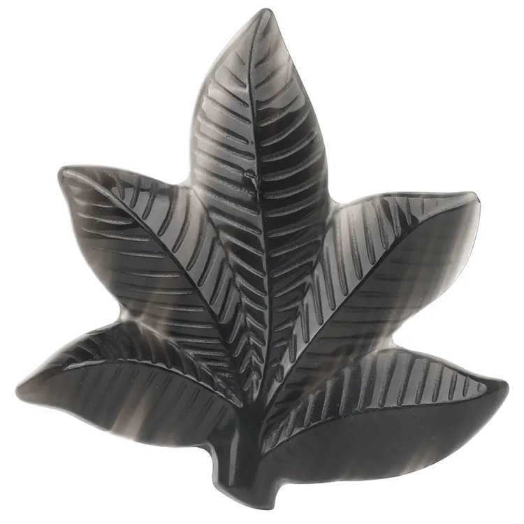 Rough Black Obsidian Tumbled Crystal Stone Carving Maple Leaf Slices Home Decor