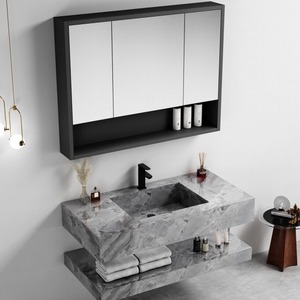 Meuble-lavabo flottant double couche gris CR avec armoire miroir et lavabo intégré 100 cm - Product Image 1