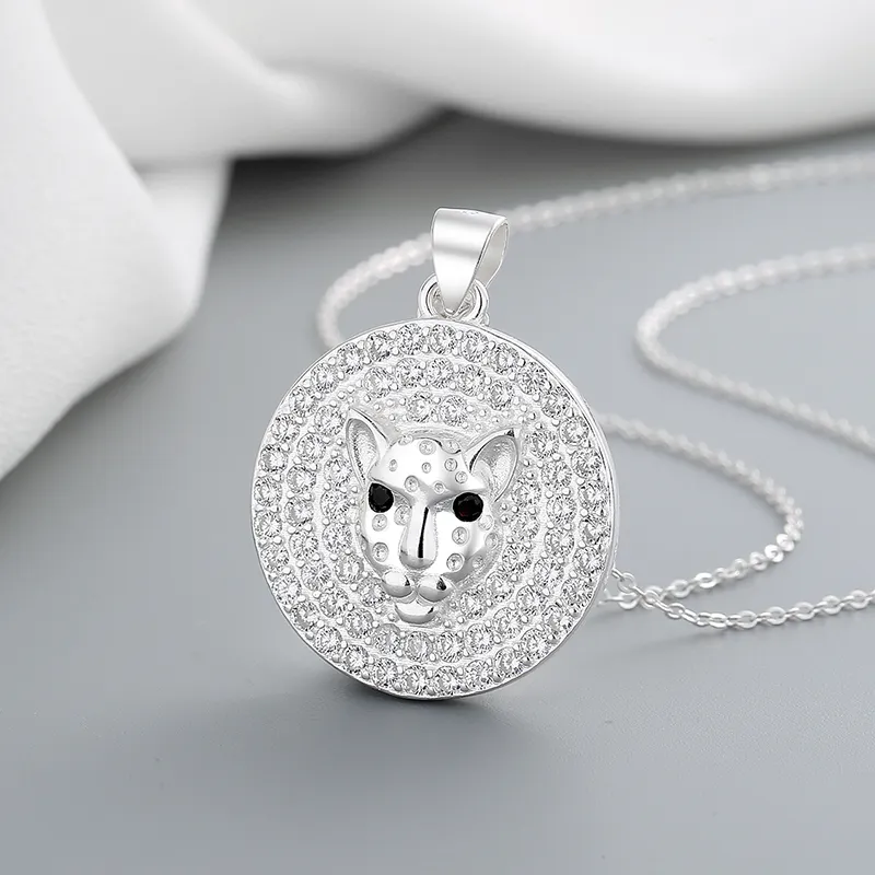 free shipping luxury zircon circle carve Animals Leopard head zodiac necklace silver 925 korea for Unisex