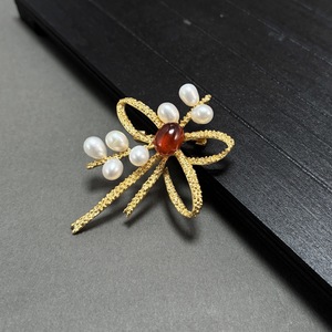 <b>Bow</b> Brooch with Natural Amethyst & Garnet Two Colors Option 18K Gold Plated Copper Freshwater Pearl Lapel Pin Women Apparel Jew - Product Image 1