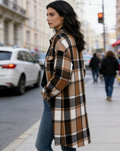 Chaqueta Larga a Cuadros de Mezcla de Lana para Mujer - Estilo Retro Americano, Oversize, Largo hasta la Rodilla, con Botones y Bolsillos Delanteros Dobles - Product Image 6