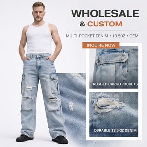 Jeans de Mezclilla Azul para Hombre, Peso Pesado, 13.5oz |   Pantalones de Trabajo con Diseño de Parches y Múltiples Bolsillos |   Fabricante OEM Venta al por Mayor - Product Image 1