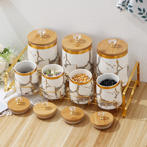 Factory direct sales household storage jars kitchen supplies rack bamboo cover marble ceramic sealed jar set