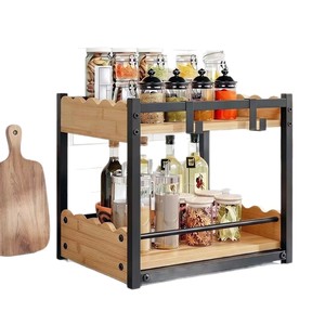 Double Layer Wooden <b>Kitchen</b> Countertop Spice <b>Rack</b> Wrought Iron Storage Organizer For <b>Kitchen</b> Countertop Storage - Product Image 3