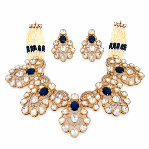 Juego de Collar y Aretes de Plata 925 con Piedras Azules y Perlas Blancas Kundan para Mujer, Joyería Nupcial India Tradicional - Product Image 6