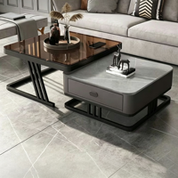 Juego de Mesa de Centro Retráctil Moderna y Lujosa, Soporte para TV, Mesas Nido de Piedra Sinterizada con Vidrio Tintado, 2 Cajones, Base de Metal, Estilo Italiano