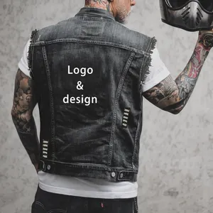 OEM ODM Men's Punk Casual Denim Vest Sleeveless Turn-down Collar Fashion Jacket with Print Urban Streetwear for Spring Summer