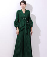 Mode 2025, ensemble décontracté pour femmes, uni, plissé, fleur tridimensionnelle, haut à manches longues, jupe mi-longue, design 100% polyester