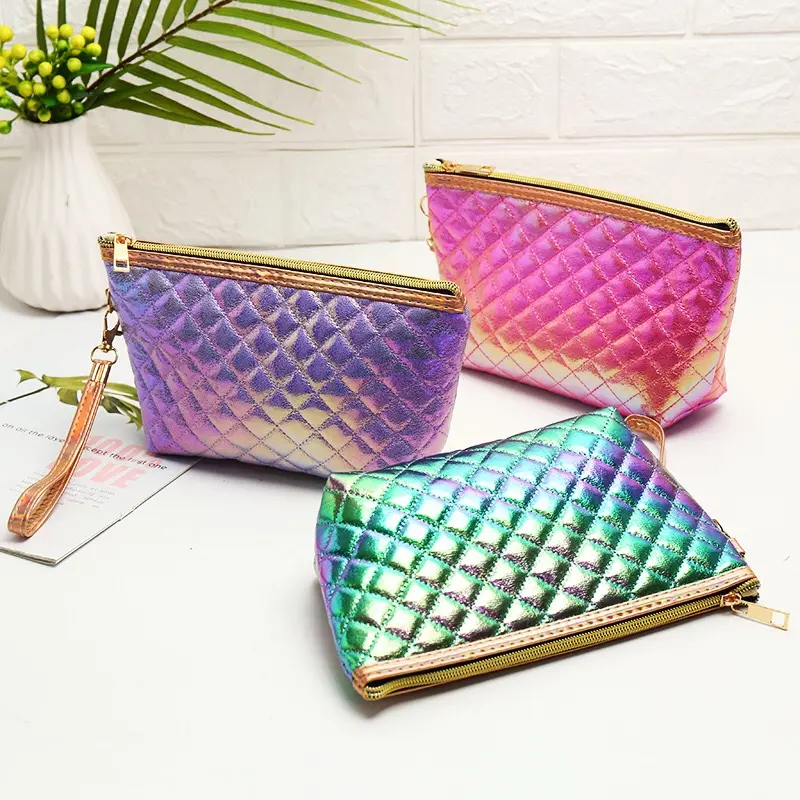 Luxury PU leather laser travel pouch makeup bags make-up cosmetic bag