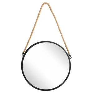 Modern Home Decor Black Metal Frame With Rope Hanging Wall Mirror