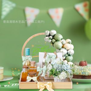 Wooden Gift <b>Basket</b> With Arched Display Board Natural Wood Color Birthday Decorative <b>Tray</b> For Party DIY Gift - Product Image 1