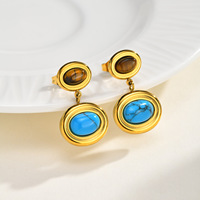 Pendientes de Turquesa Natural Ovalados en Acero Inoxidable Estilo Vintage con Baño de Oro PVD de 18k para Mujer