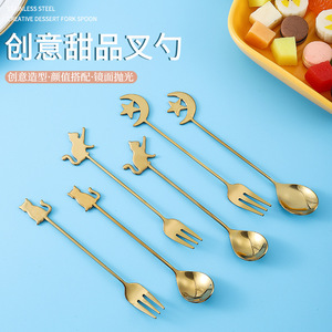 Cuchara de café de acero inoxidable 304, cuchara creativa de acero inoxidable con diseño de gato de dibujos animados, cuchara para remover café de acero inoxidable, cuchara para postre. - Product Image 2