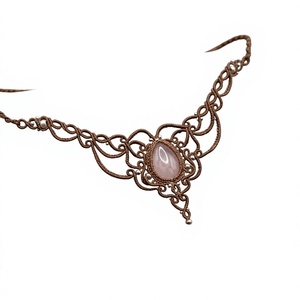 Vintage Macrame Choker Necklace With Natural Stone Bezel Setting Women's Jewelry Handmade Braided Design - Product Image 1