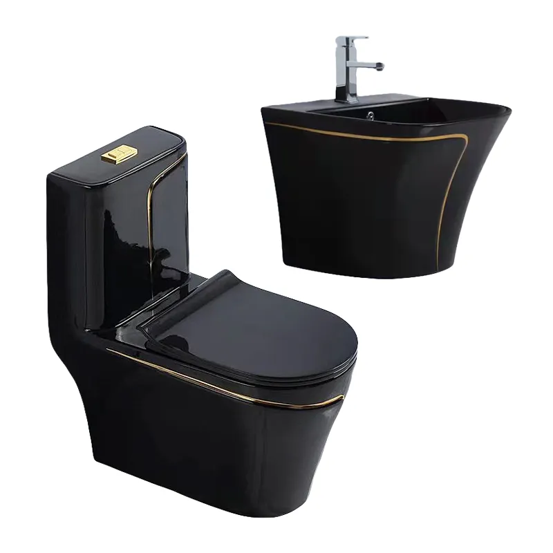 Porselen Kamar Mandi Desain Mewah Inodoro Saniter Toilet Perangkap Satu Buah Keramik Toilet dan Wastafel Set Toilet Warna Hitam