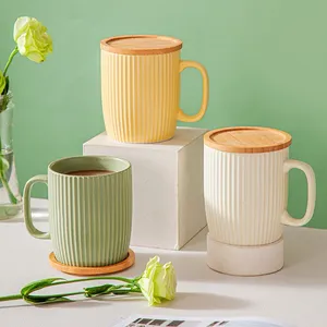 Nordic Color Glazed ceramic embossed striped mug with lid office coffee cup household breakfast cup milk cup