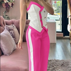 Haut à double boutonnage imprimé allover et pantalon à jambe droite Deux pièces Ensemble de pantalons sexy de travail pour <span class=keywords><strong>femmes</strong></span> - Product Image 2