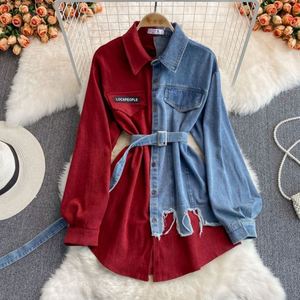 Vestido Camisero Vintage Casual de Mezclilla Tejida con Solapas y Empalmes, Estilo Coreano, Asimétrico, Holgado, Top Largo para Mujer, Diseño Frontal, Primavera, 2 Piezas - Product Image 5