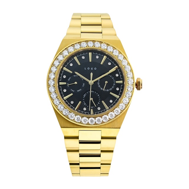 OEM ODM Manufacturer Low MOQ Private Label Watches Zircon Diamond Bezel Custom Logo Luxury Men Gold Watch