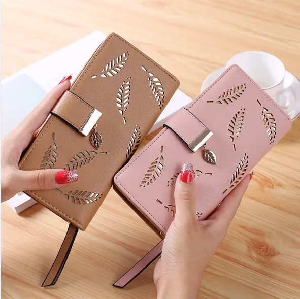 PU leather credit card wallet women leaf hollow Korean version new design wholesale fashion zipper purse