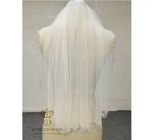 皇后礼服定制奢华串珠新娘面纱独特设计珍珠水晶婚纱短网薄纱珠新娘面纱