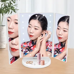 Custom Smart 2X 3X Magnifying Trifold Led 3 Way Makeup Mirror Foldable Espejos Con Luz 360 Make Up Vanity Mirror With Led Lights