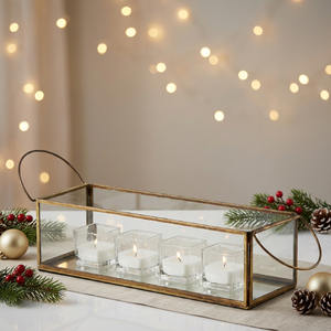 Wholesale Glass <b>Tea</b> <b>Light</b> <b>Holder</b> Rectangle With Metal Brass Frame And Handles For Home Decoration - Product Image 6