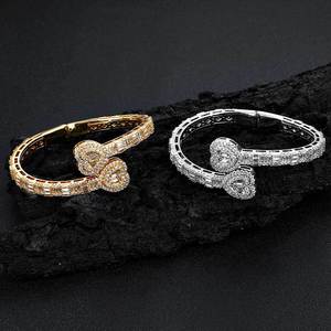 Exclusive <b>Bangle</b> Bracelet Baguette Heart Unisex Fashion Charm Box Clasp Party Micro Insert Wholesale Hiphop 14K Gold Plated - Product Image 5