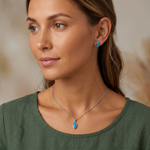 Parure de bijoux fantaisie en argent S925 avec opale bleue, ensemble 2 pièces assorti, accessoire cadeau tendance pour <span class=keywords><strong>femme</strong></span> - Product Image 3