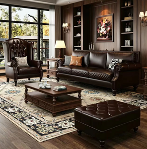 Collection de canapés Chesterfield capitonnés <span class=keywords><strong>vintage</strong></span> brun foncé 3 places + causeuse + <span class=keywords><strong>fauteuil</strong></span> |   Ensemble de salon de club avec fauteuils à accoudoirs et clous décoratifs - Product Image 1