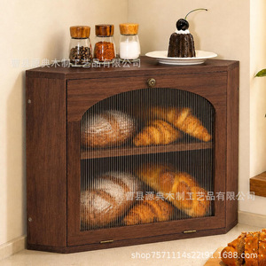 <b>Retro</b> Double Layer Solid Wood Bread Box Dark Brown Flip Door Kitchen Storage <b>Cabinet</b> For Baking - Product Image 2