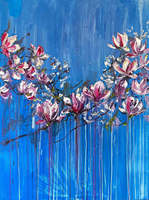 Peinture à l'huile moderne abstraite florale bleue sur toile, relief 3D, peinte à la spatule, impasto épais, décoration murale florale