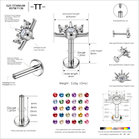 Piercing de corps en titane ASTM F136 G23 plaqué or, avec zircone cubique ronde motif soleil, à filetage interne, pour cartilage d'oreille et hélix