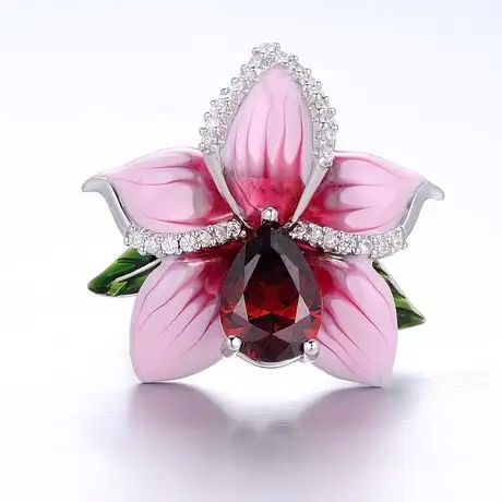 יצרן ישיר מכירה KYRA0627 אלגנטי אמייל פרח צורת אדום זירקון תכשיטי טבעת לנשים