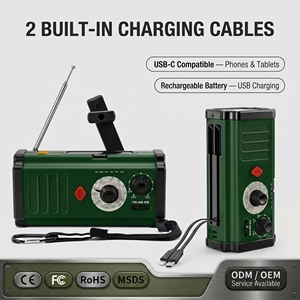 <span class=keywords><strong>Radio</strong></span> météo d'urgence intégrée avec double câble AM FM WB, manivelle solaire, batterie externe 2000mAh 18650, lampe torche LED 1W, SOS, IPX3 - Product Image 1