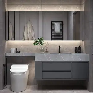 Luce di lusso estensione taglio angolo personalizzato pietra sinterizzata ardesia bagno lavabo wc vanità Smart LED armadio a specchio
