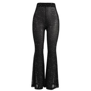 Moda <span class=keywords><strong>donna</strong></span> Sexy trasparente tinta unita Glitter lucido sottile vita alta <span class=keywords><strong>pantaloni</strong></span> svasati maglia trasparente <span class=keywords><strong>pantaloni</strong></span> da spiaggia Pantalon - Product Image 1