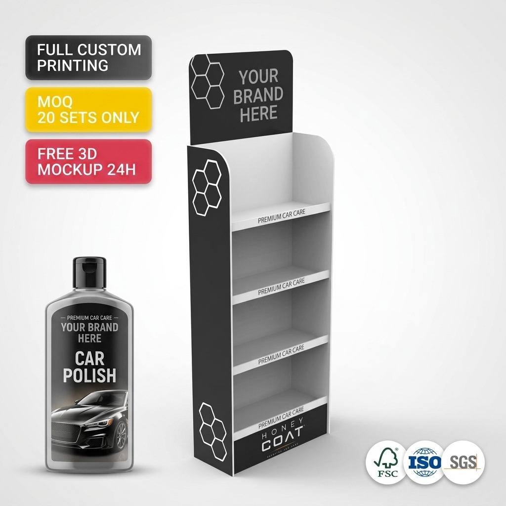 Custom Car Care Display Stand Auto Detailing Product Rack Motor Oil Floor Shelf Car Wash Polish Wax Bottle Holder Retail PVC