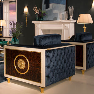 Sofá individual de terciopelo azul real de lujo, detalles dorados, adorno blanco, diseño clásico europeo, comodidad moderna, sofá de estudio para sala de estar - Product Image 6