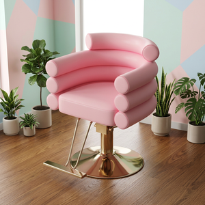 Pink Faux Leather Barber Chair With Hydraulic Pump Round Base Contemporary Salon Furniture Height <b>Adjustable</b> Single <b>Footrest</b> - Product Image 1