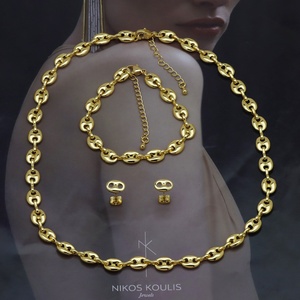 Оптовый набор ювелирных украшений из латуни с позолотой 18K: цепочка «Кофейное зерно», ожерелье «Свиной нос», браслет и серьги, 3 предмета - Product Image 6